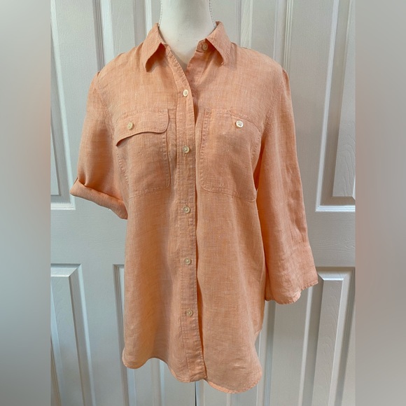 Lauren Ralph Lauren Light Orange Linen 3/4 Roll Tab Sleeve Button Up Shirt Med. - Picture 1 of 12